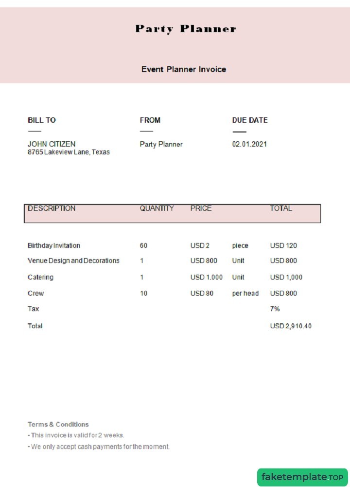 Feature of fake USA Party Planner invoice example